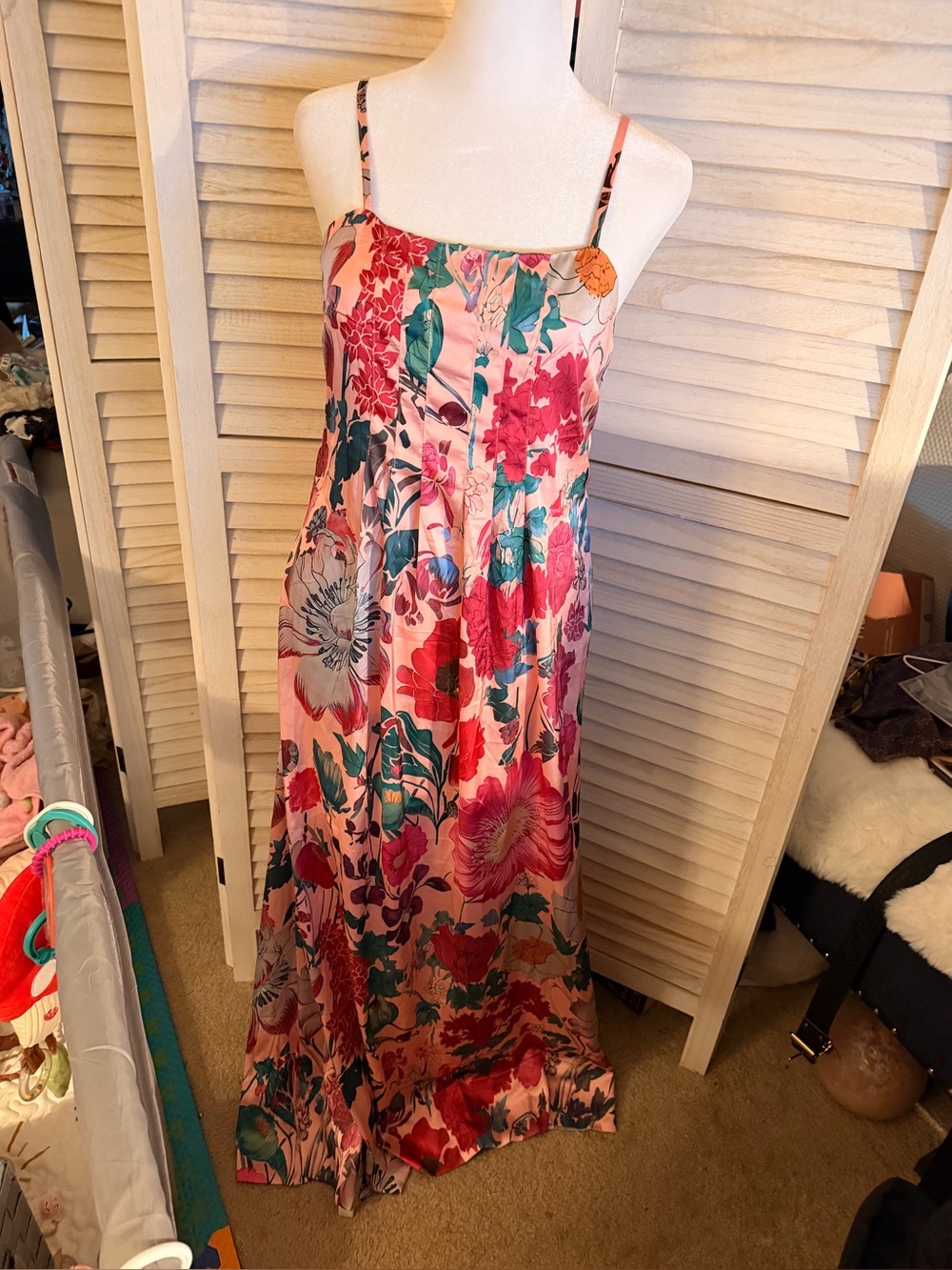 Floral Pink Maxi Dress with Adjustable Spaghetti Straps small but adjustable